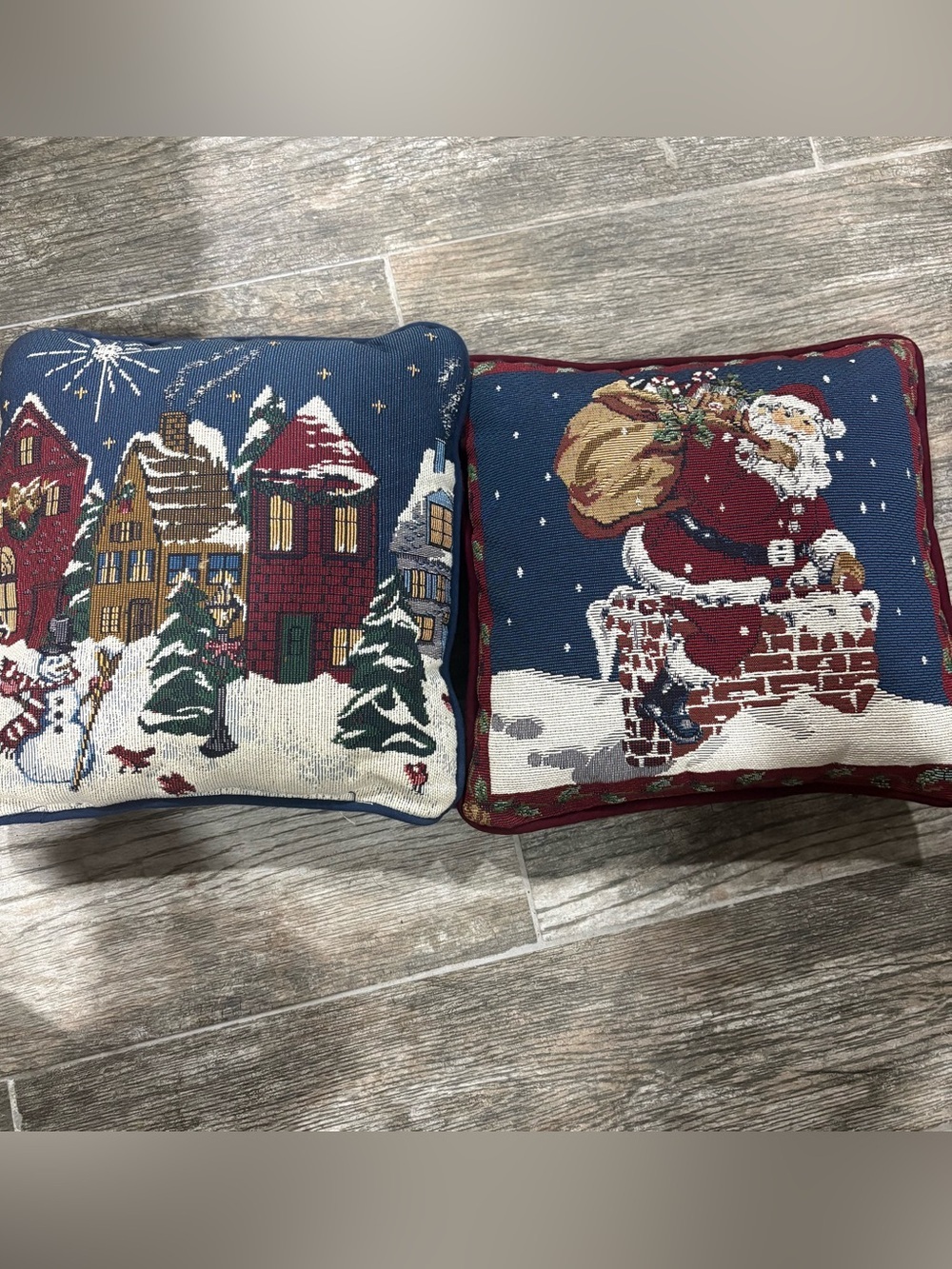 Designers Touch Needlepoint Christmas Pillows Lot Of 2 11” Holiday Santa Snowman